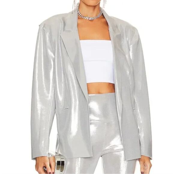 NORMA KAMALI Single Breast Straight Fit Jacket Blazer Silver Metallic Sz M {3K6} - Picture 1 of 6